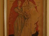 painting of a woman in a dress and a man in a tuxedo in front of a red background