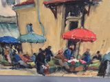 a painting of a group of people outside of a building