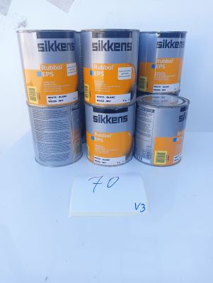 six tins of silkkene paint on a white surface