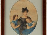 painting of a woman with two children in a blue dress