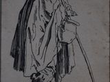 drawing of an old man with a cane and a child