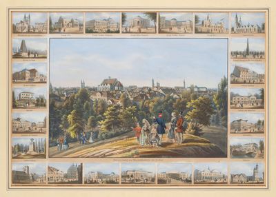 tableau représentant une vue d'une ville avec de nombreux bâtiments et des passants