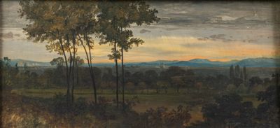 une image d'un tableau représentant un paysage avec des arbres au premier plan