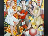 tableau représentant un groupe de personnes jouant d'instruments de musique dans une pièce