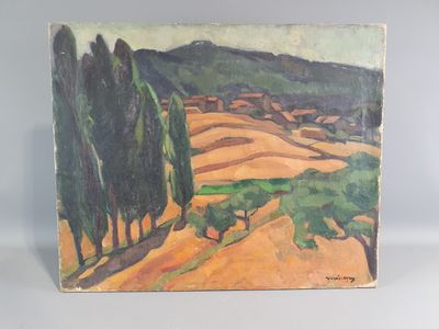 an oil painting of a landscape with trees and hills in the background