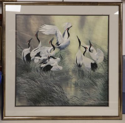a picture of a painting of a flock of birds in a frame