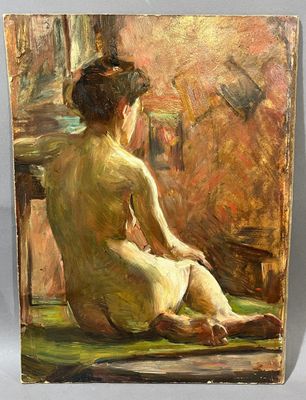 une peinture à l'huile représentant une femme assise sur un tapis vert