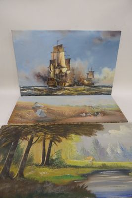 two paintings of ships in the water and a boat in the water