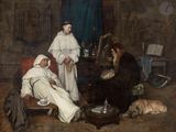 tableau représentant un groupe de personnes assises autour d'une table en compagnie d'un chien