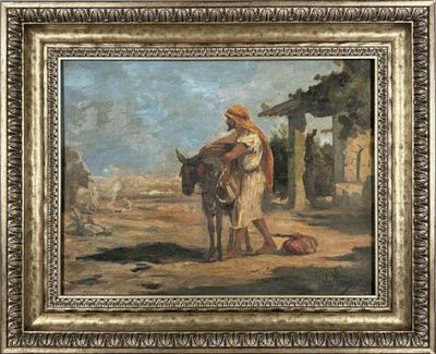 une image représentant un tableau montrant un homme avec une vache dans un village