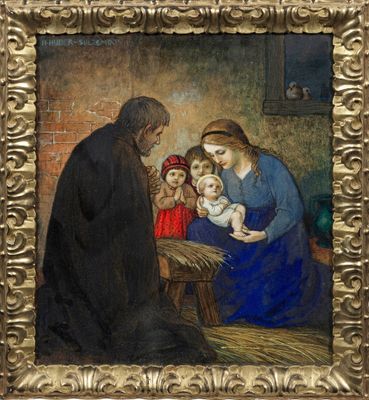 an image of a painting of a man holding a baby in a manger