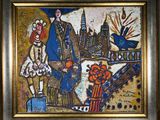 tableau représentant un homme et une femme devant un paysage urbain