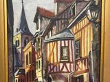 painting of a street scene with a horse and carriage in front of a building