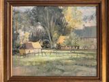 an image of a painting of a farm scene with a horse drawn carriage