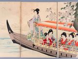 un tableau représentant une femme sur un bateau en compagnie d'autres femmes