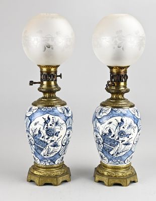 pair of blue and white porcelain lamps with brass bases