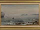 un tableau représentant un bateau sur l'eau, avec des mouettes qui volent autour