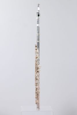 an image of a flute on a clear stand against a white background
