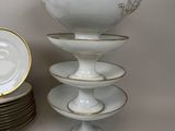 a stack of plates and a bowl on a table