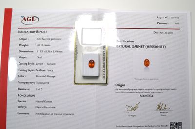 an image of a certificate with a picture of an orange stone