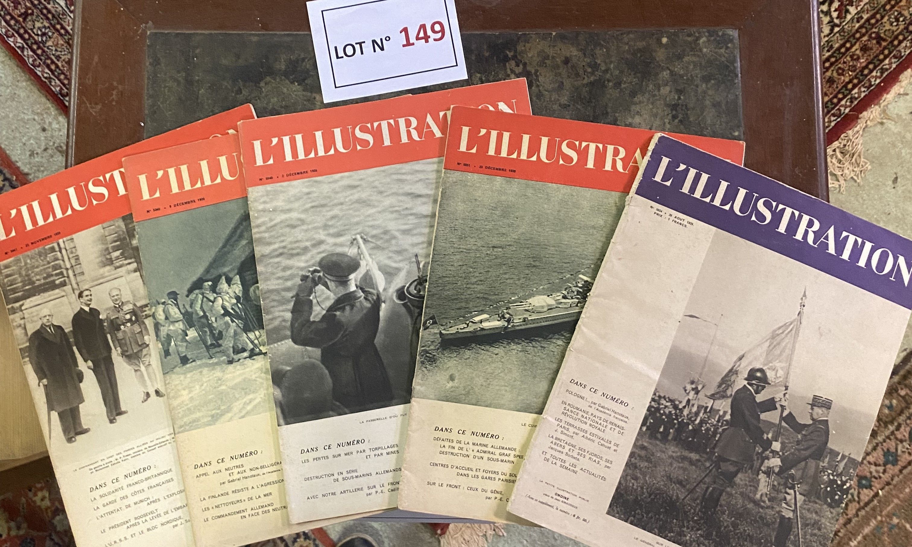 Lot de 5 revues « L’illustration » d’Aout, Novembre et Décembre 1939 relatives à la WW2, en l’état grenier.