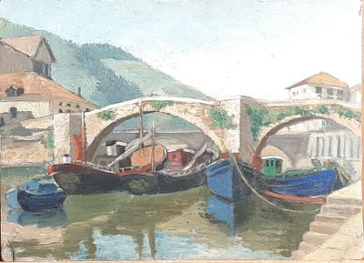 a painting of boats in a harbor with a bridge in the background