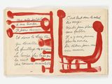 un livre ouvert sur lequel on peut lire des mots en rouge, et une chaise rouge