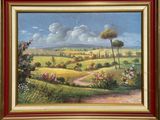 peinture représentant un paysage rural avec un chemin de terre au premier plan et des arbres au loin