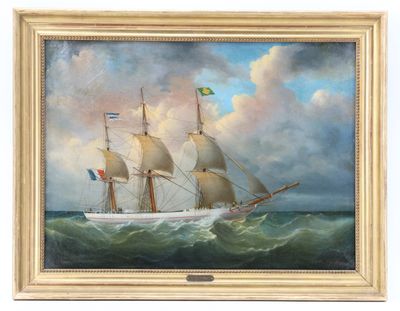 une peinture à l'huile représentant un navire en mer, arborant un drapeau