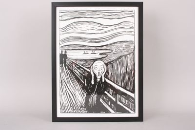 un dessin en noir et blanc représentant une personne marchant sur un pont