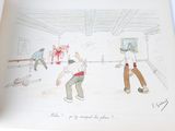 drawing of a group of men playing a game of bowling