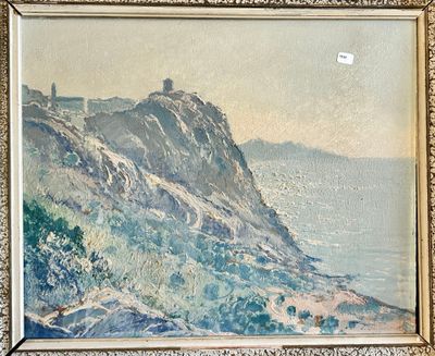 an image of a painting of a mountain and a body of water