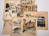 several drawings of a train on a train track next to a building