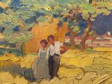an oil painting of two people in a field with a tree in the background