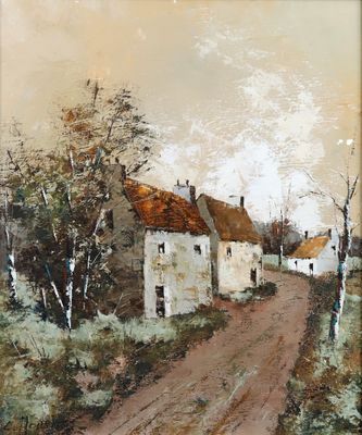 tableau représentant une route de campagne avec des maisons et des arbres en arrière-plan