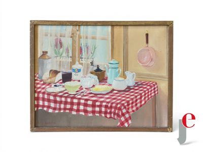 un tableau représentant une table recouverte d'une nappe à carreaux rouges et blancs