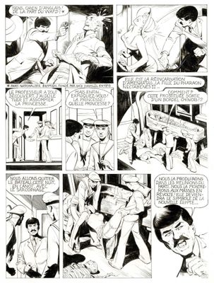 une bande dessinée en noir et blanc représentant un homme en costume-cravate