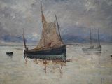 painting of a boat in a body of water with other boats in the background