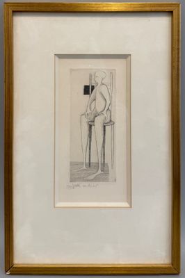 dessin représentant un homme assis sur une chaise, dans un cadre doré