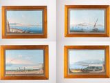 four framed paintings of boats on the water in a wooden frame