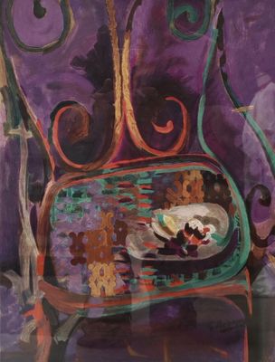 une peinture à l'huile représentant une chaise sur laquelle est posée une assiette de nourriture