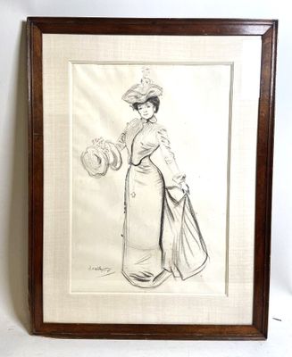 un vieux dessin représentant une femme en robe et avec un chapeau