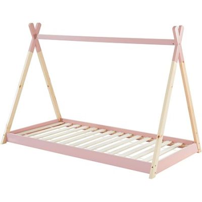 the wooden bed frame is pink and white with a ladder