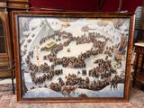 un tableau représentant un grand groupe de personnes dans un champ enneigé