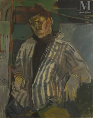 an image of a painting of a man in a striped coat