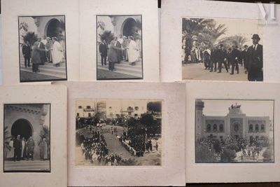 several old black and white photos of a group of people in front of a building