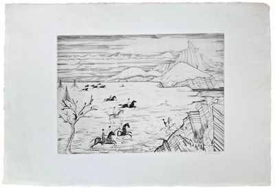 dessin représentant un paysage avec des chevaux au premier plan et des montagnes à l'arrière-plan