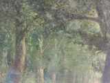 a painting of two people riding horses in the woods