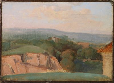 une image représentant un tableau représentant un paysage avec des collines et des arbres