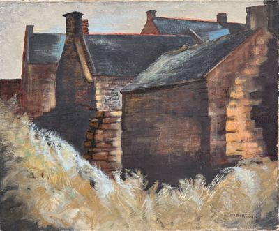 une peinture à l'huile représentant un bâtiment avec une cheminée et une cheminée